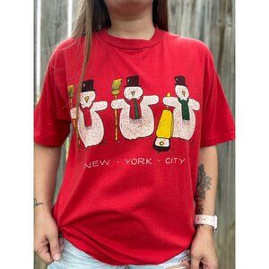 Vintage 80's New York City Snowman Christmas Single Stitch Tee T-Shirt Large